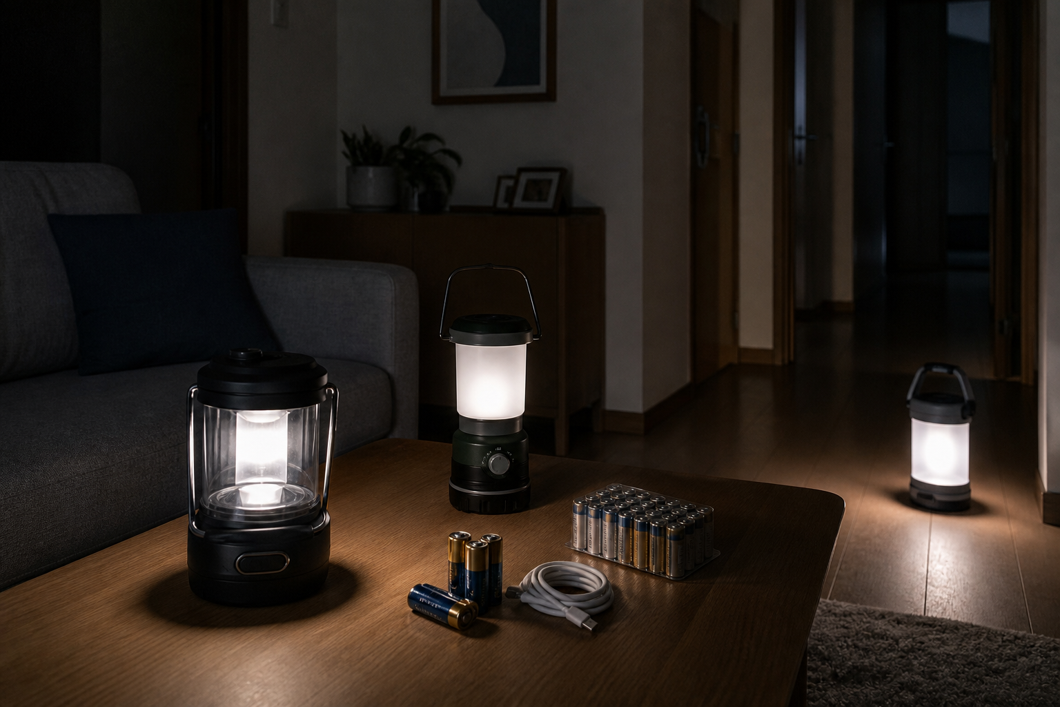 停電した室内でロゴのない乾電池式・充電式・兼用式LEDランタンを使い分けるイメージ画像