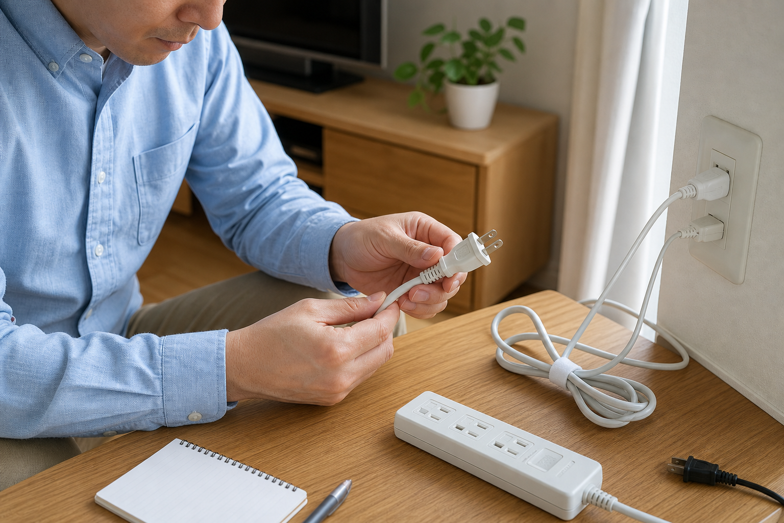帰省前にロゴのない電源プラグとコードを目視点検するイメージ画像